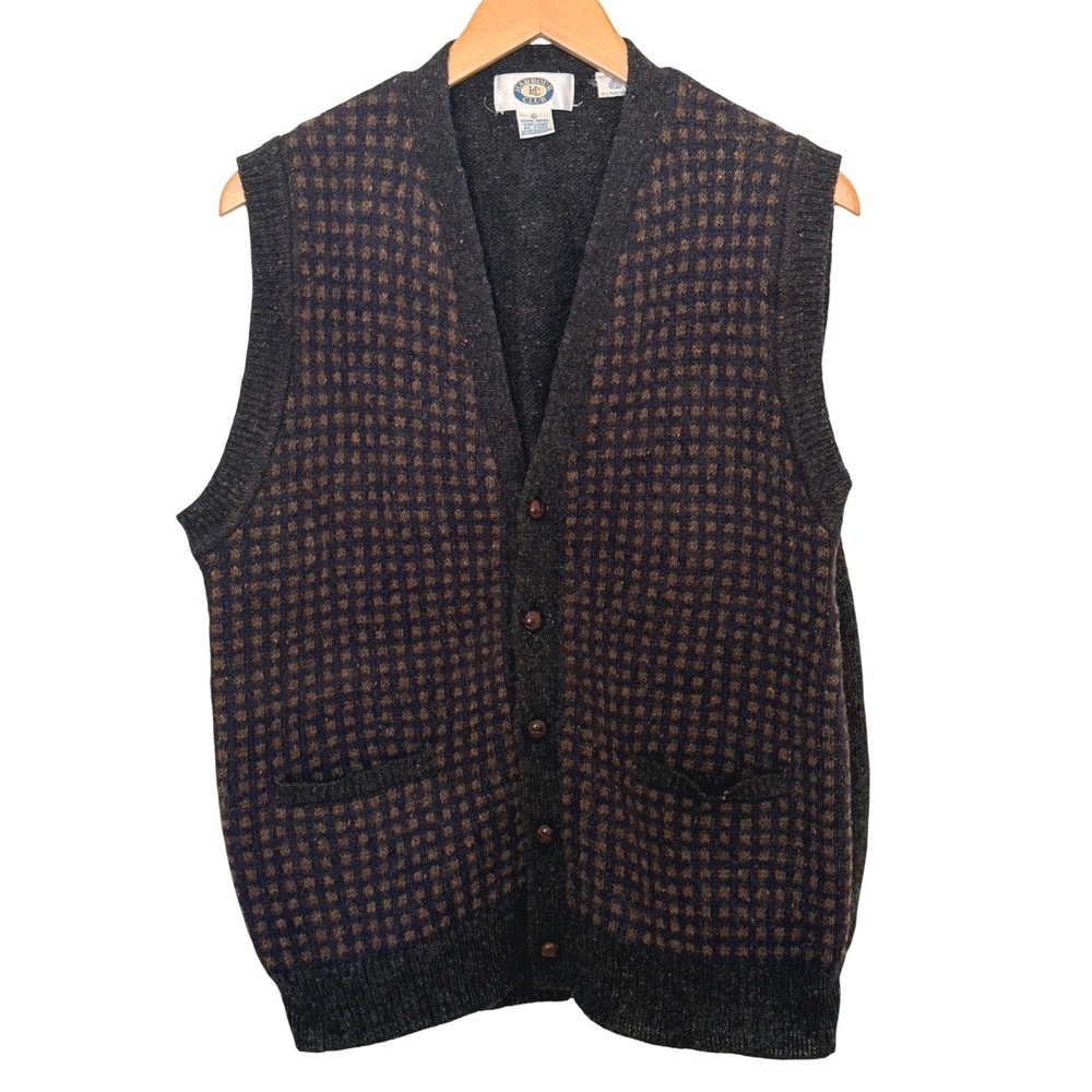 Harbour Club Cardigan Vest Sz L 100% Shetland Wool Checkered Grey Brown Grandpa